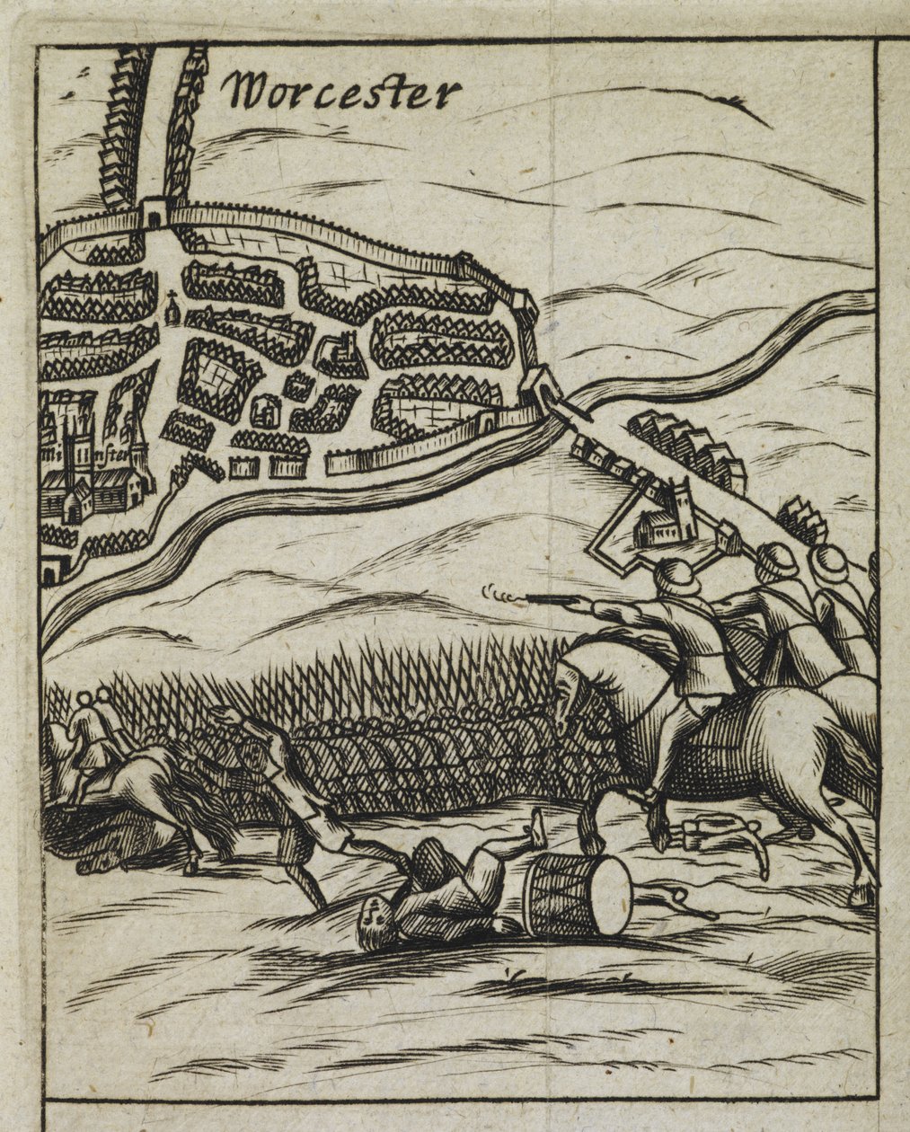 Battle of Worcester-scenen, fra "The History of his Sacred Majesties most Wonderfull Preservation, after the Battle of Worcester" av English School