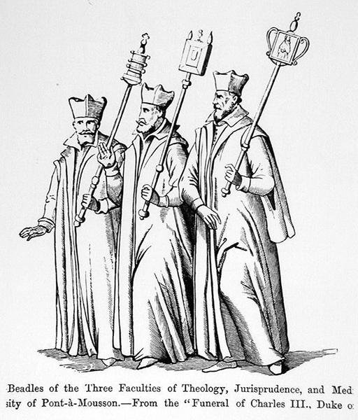 Beadles ved de tre fakultetene for teologi, rettsvitenskap og medisin, fra begravelsen til Charles III (1543-1608) hertugen av Lorraine, illustrasjon fra vitenskap og litteratur i middelalderen og th av English School
