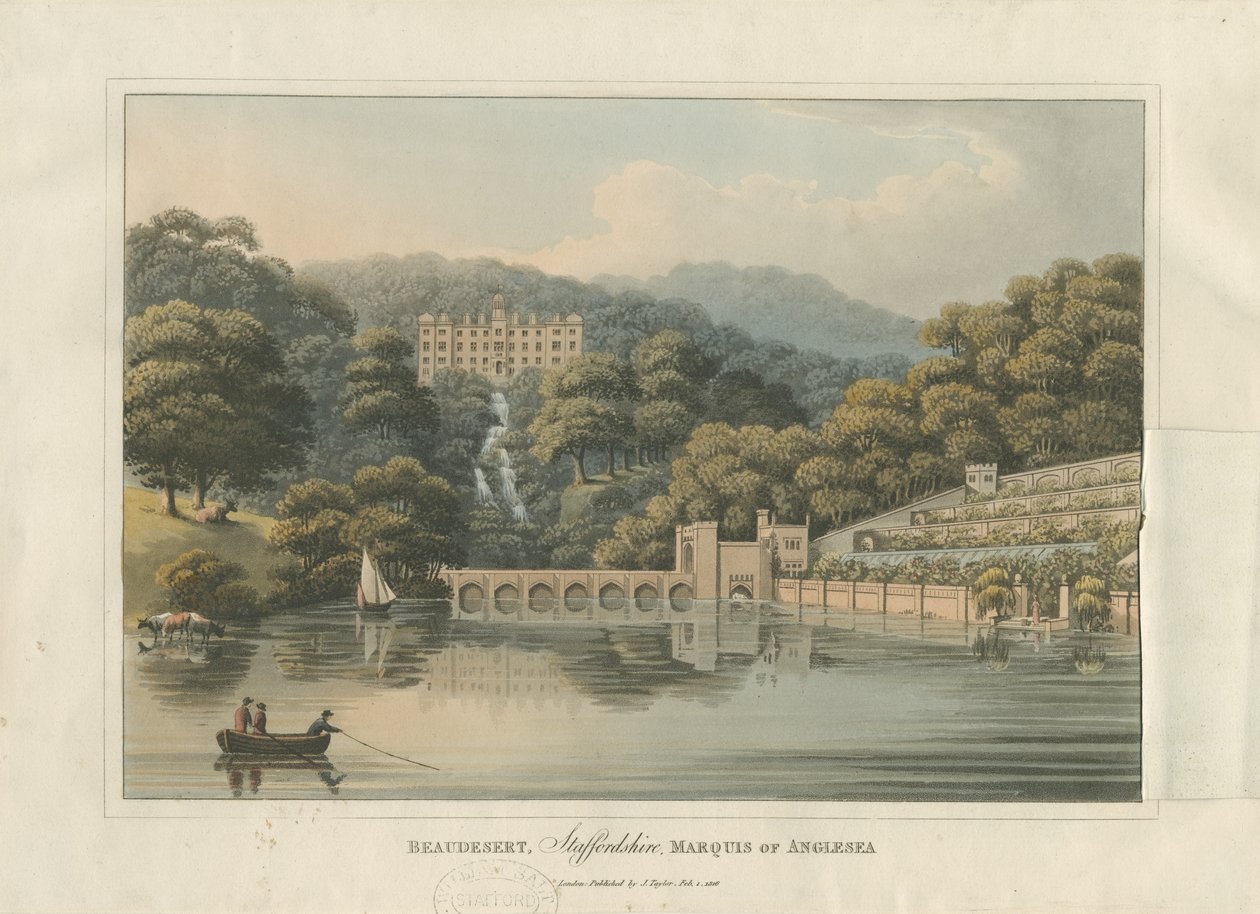 Beaudesert Hall and Park: farget akvatintgravering, 1816 av English School