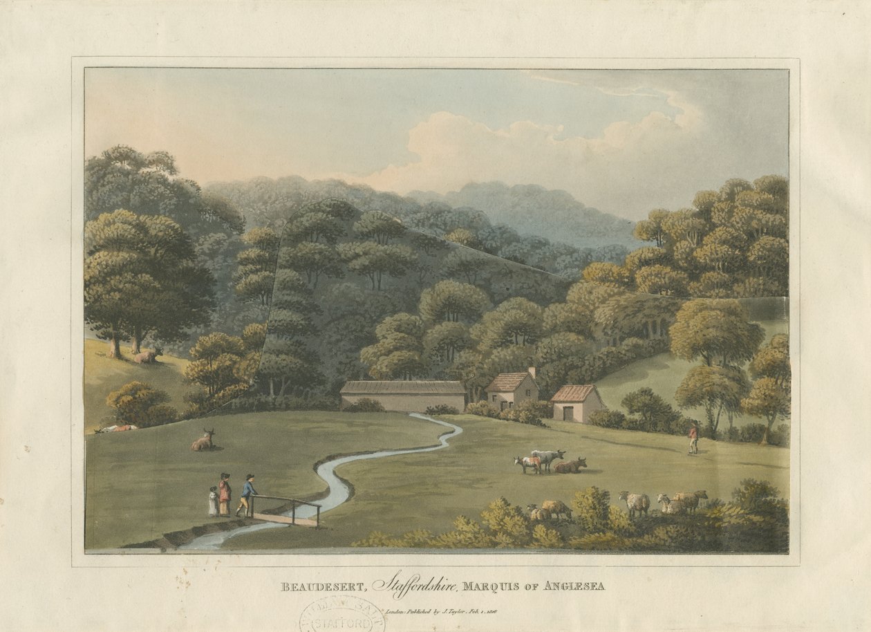 Beaudesert Park: farget akvatintgravering, 1816 av English School