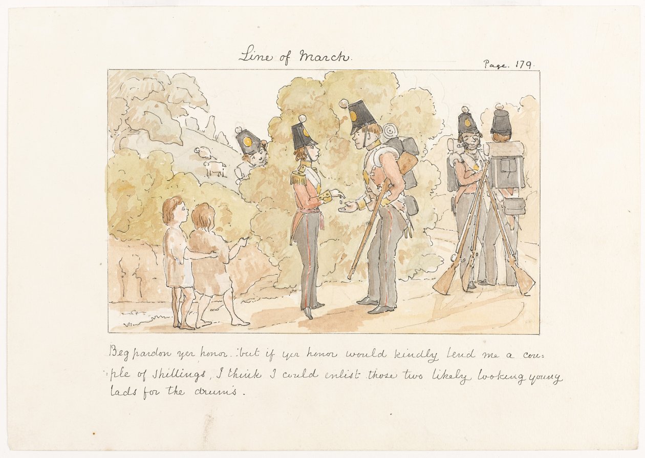 Be om unnskyld ære, men hvis din ære vennligst ville låne meg et par shilling, tror jeg at jeg kan verve de to unge guttene til trommene, ca. 1850 (akvarell på papir) av English School