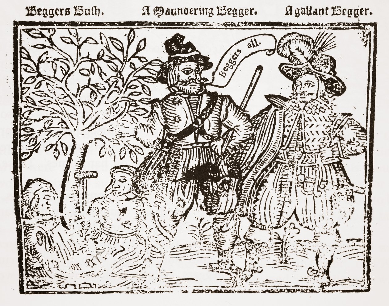 Beggars All: Beggars Bush, a Wandering Beggar and a Gallant Beggar, tittelsiden til The Praise, Antiquity and Commodity of Beggary, Beggars and Begging av English School
