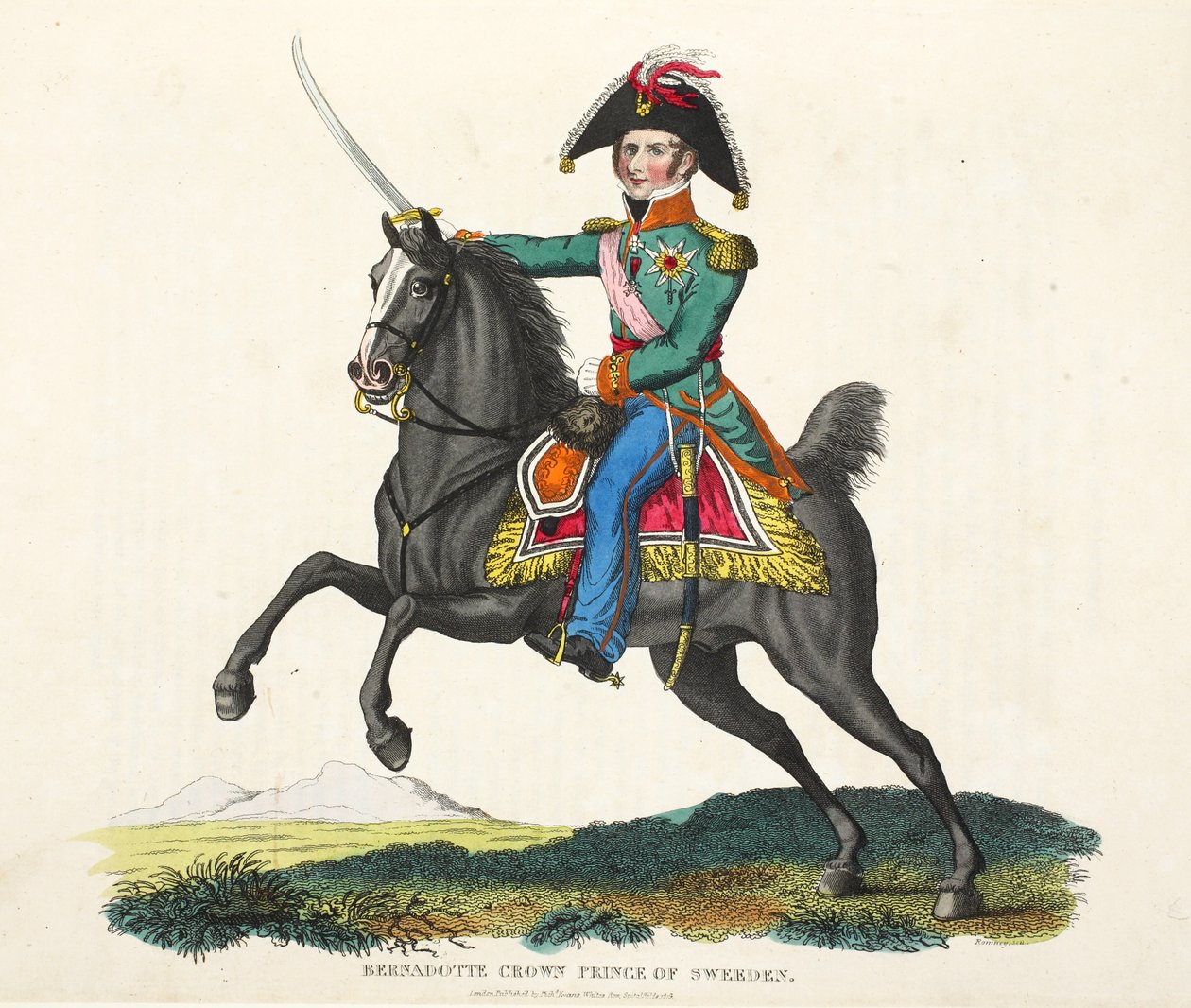 Bernadotte, Sveriges kronprins, pub. av Richard Evans, engr Romney, illustrasjon fra An Historical Account of the Battle of Waterloo av William Mudford, 1816 av English School