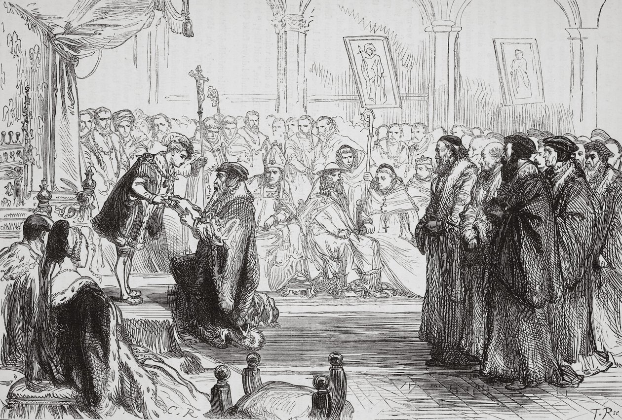 Beza presenterer den franske protestantiske kirkens bekjennelse for kongen ved Colloquy of Poissy, illustrasjon fra The History of Protestantism av James Aitken Wylie (1808-1890), pub. 1878 (eng av English School