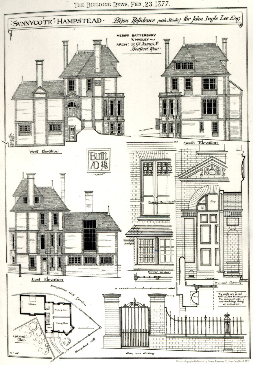 Bijou Residence Sunnycote, Hampstead, (med studio) for John Ingle Lee Esq, fra The Building News, 23. februar 1877 News, 23. februar 1877 av English School