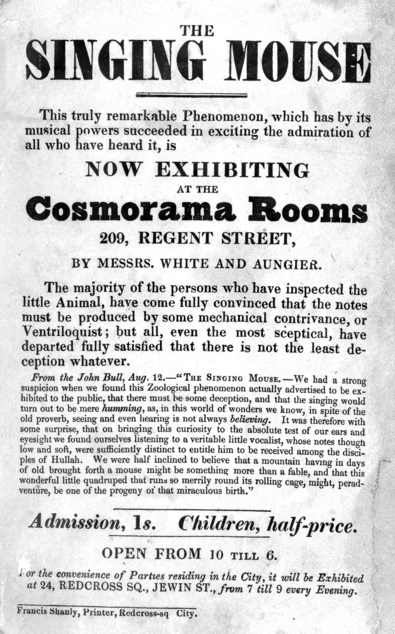 Bill-plakat for utstillingen The Singing Mouse i Cosmorama Rooms, 209 Regent Street, ca. 1836 av English School