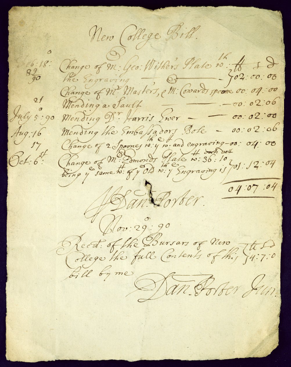 Bill fra Daniel Porter til New College, 1690 av English School