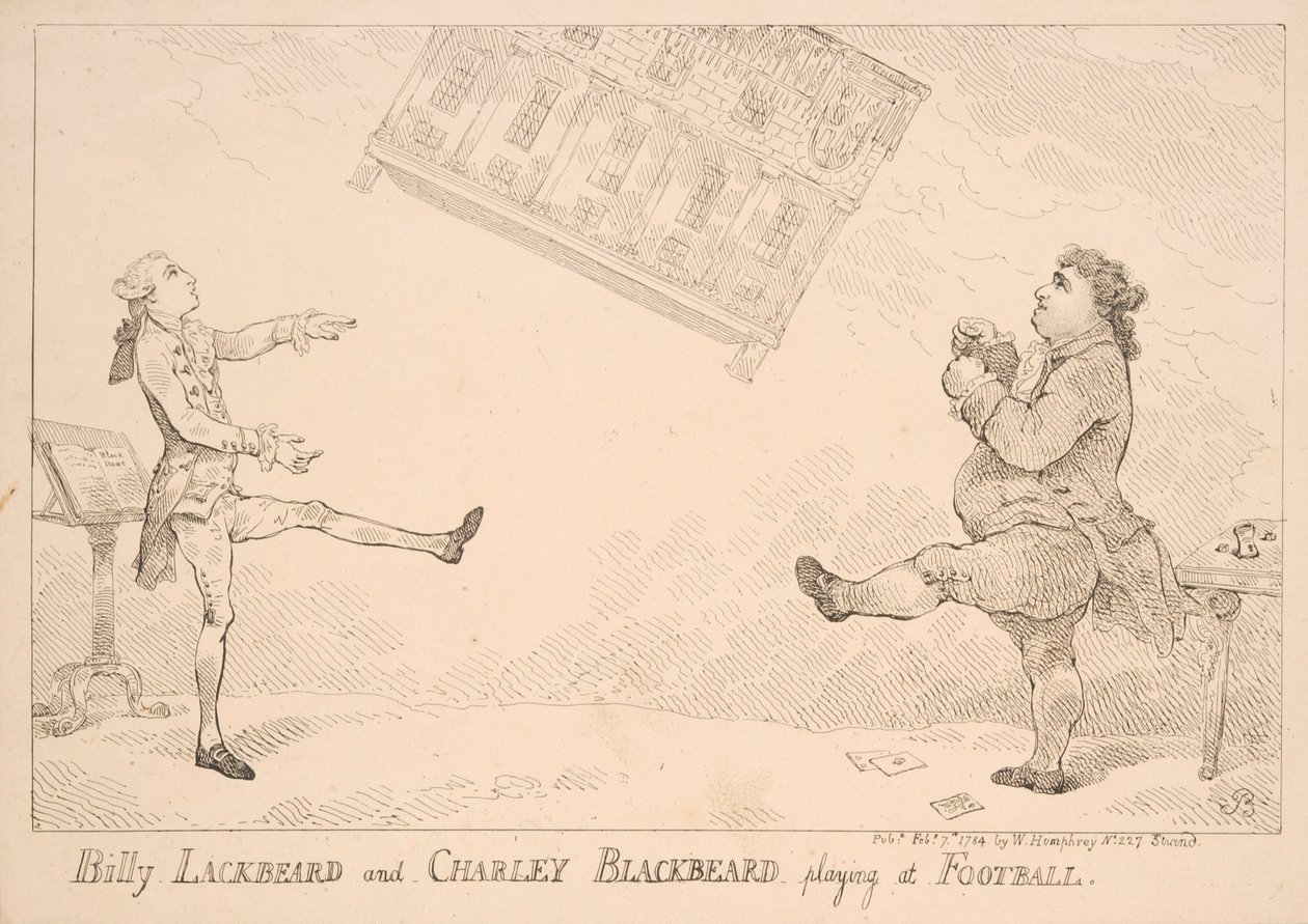 Billy Blackbeard og Charley Blackbeard spiller fotball, satirisk tegneserie som refererer til East India Bill, utgitt av W. Humphrey, 1744 av English School