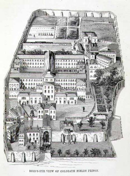 Fugleperspektiv av Coldbath Fields Prison, fra 