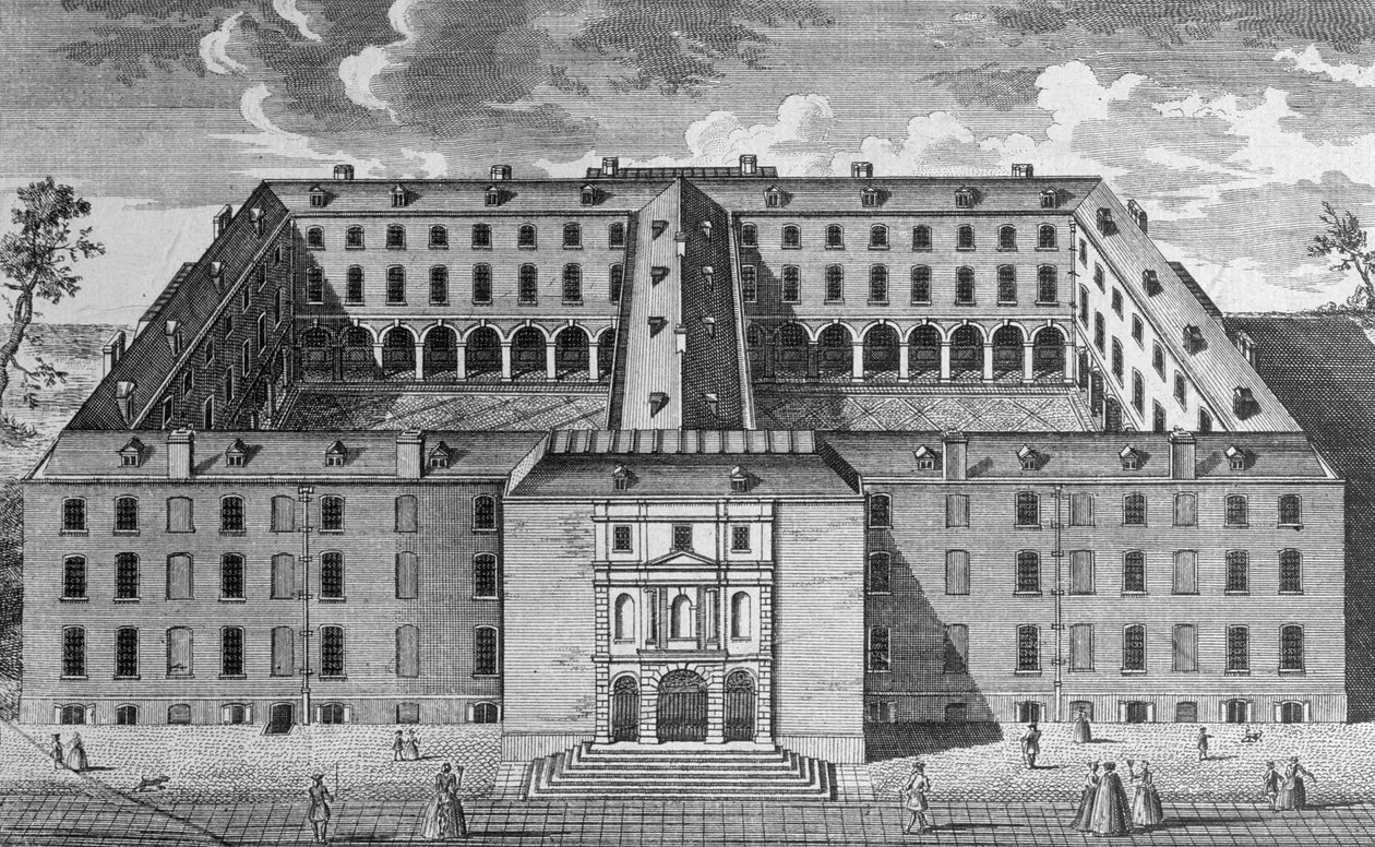 Fugleperspektiv av Guys Hospital, Southwark, med figurer i forgrunnen, ca. 1780 av English School