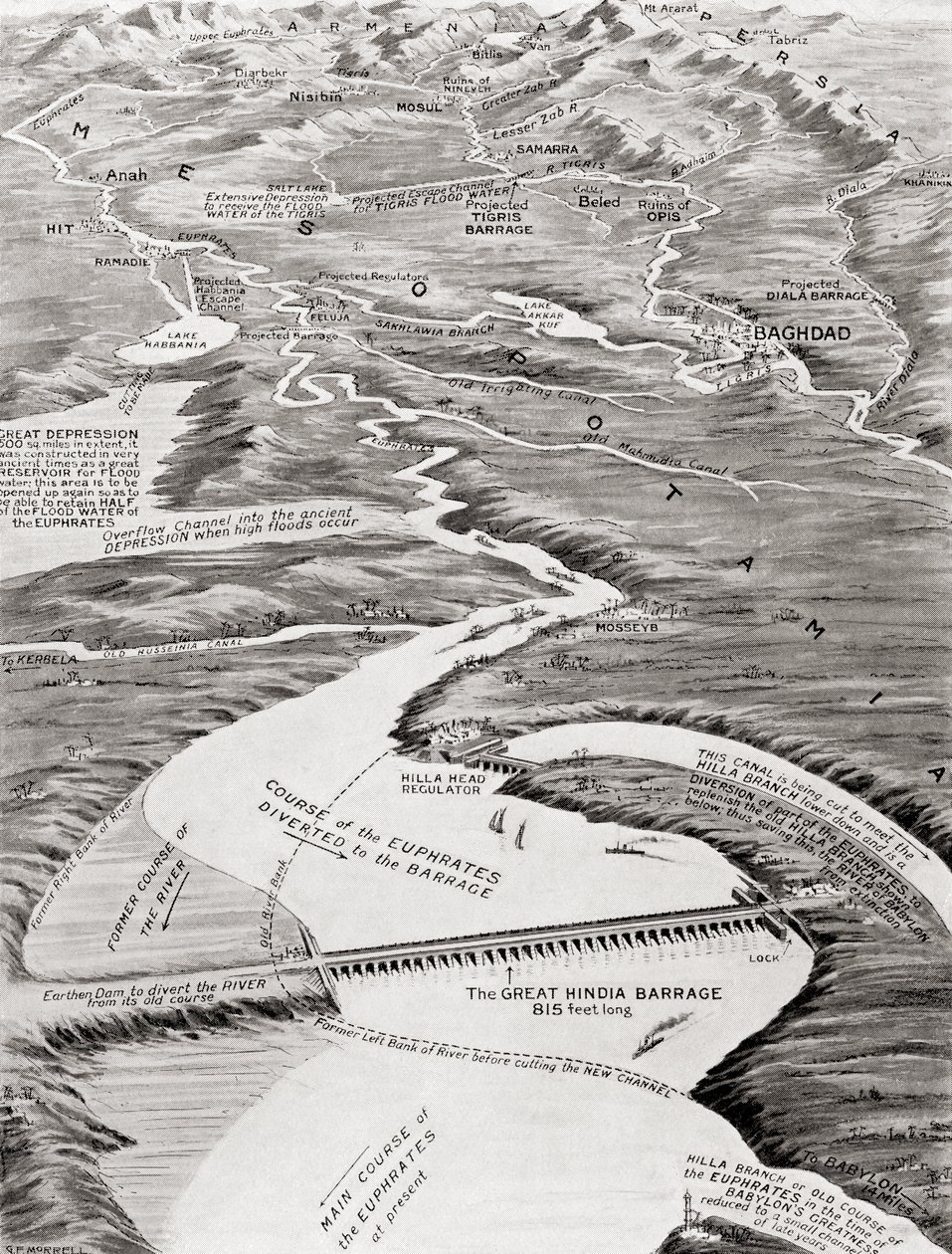 Fugleperspektiv av Mesopotamia som viser William Willcocks foreslåtte vanningsplan, fra Hutchinsons History of the Nations, pub.1915 av English School