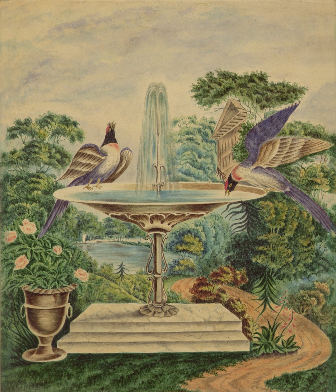 Fugler i en fontene i en landskapspark, ca. 1840 (wc på papir) av English School