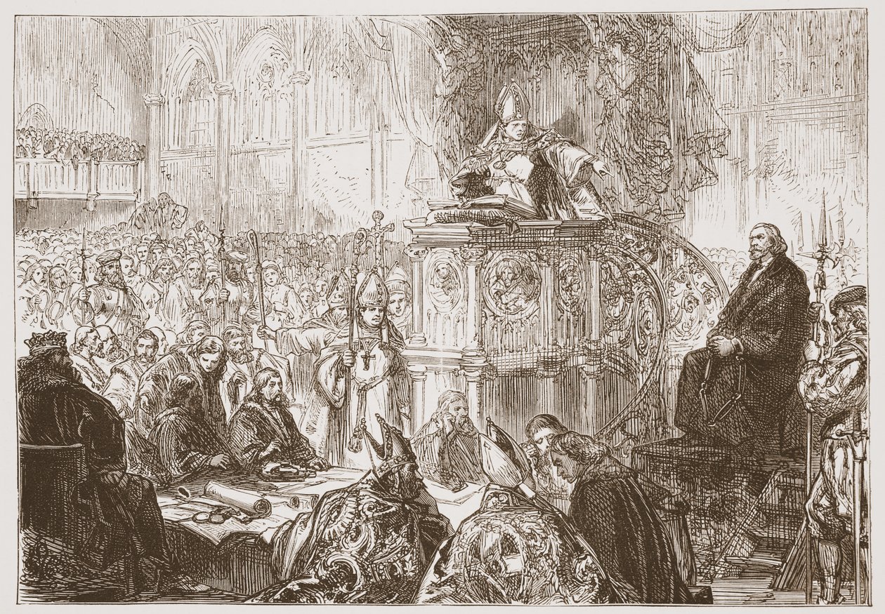 Biskop av Lodi forkynner under rettssaken mot Huss, illustrasjon fra The History of Protestantism av James Aitken Wylie (1808-1890), pub. 1878 av English School