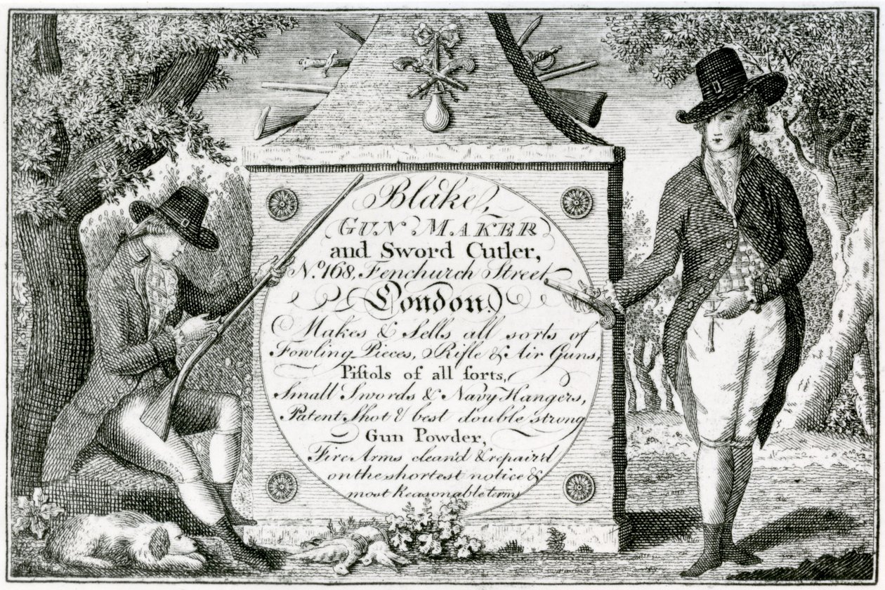 Blake, Gunmaker og Sword Cutler, våpenkasseetikett (gravering) av English School