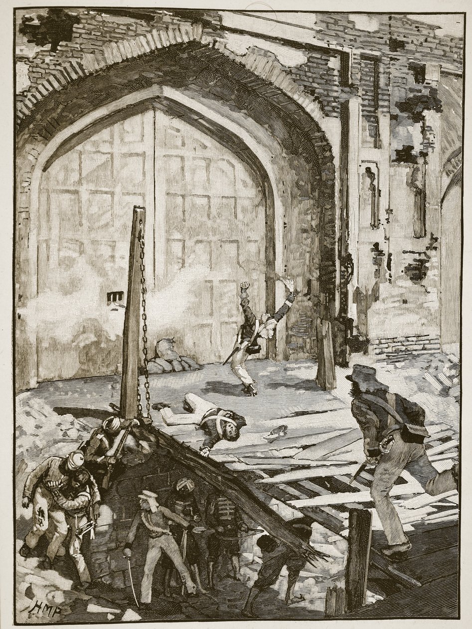 Blåser opp Cashmere-porten ved Delhi, illustrasjon fra Cassells Illustrated History of England (sepia-bilde) av English School
