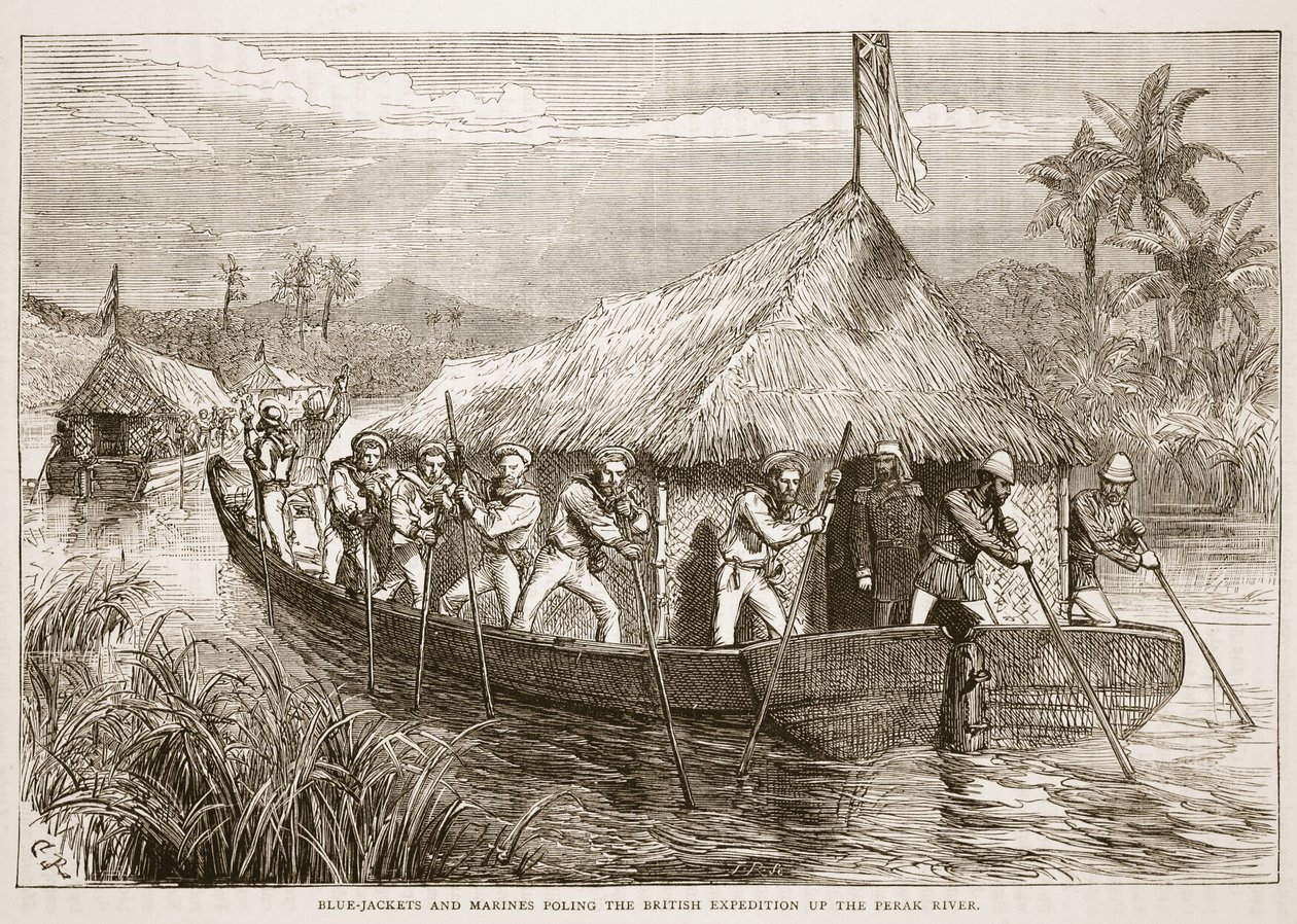 Blue-Jackets and Marines polerer den britiske ekspedisjonen opp Perak River, illustrasjon fra Cassells Illustrated History of England av English School