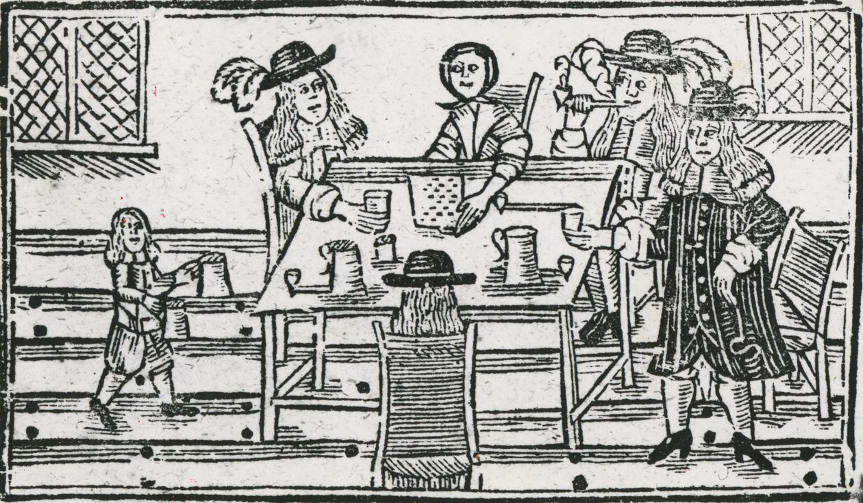 Boardgame and drinking at tavern (woodcut) av English School