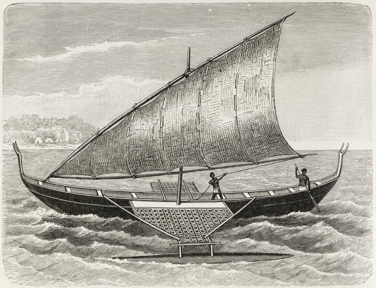 Boat of the Mortlock Islands, med utrigger og seil av rush-matting, fra 