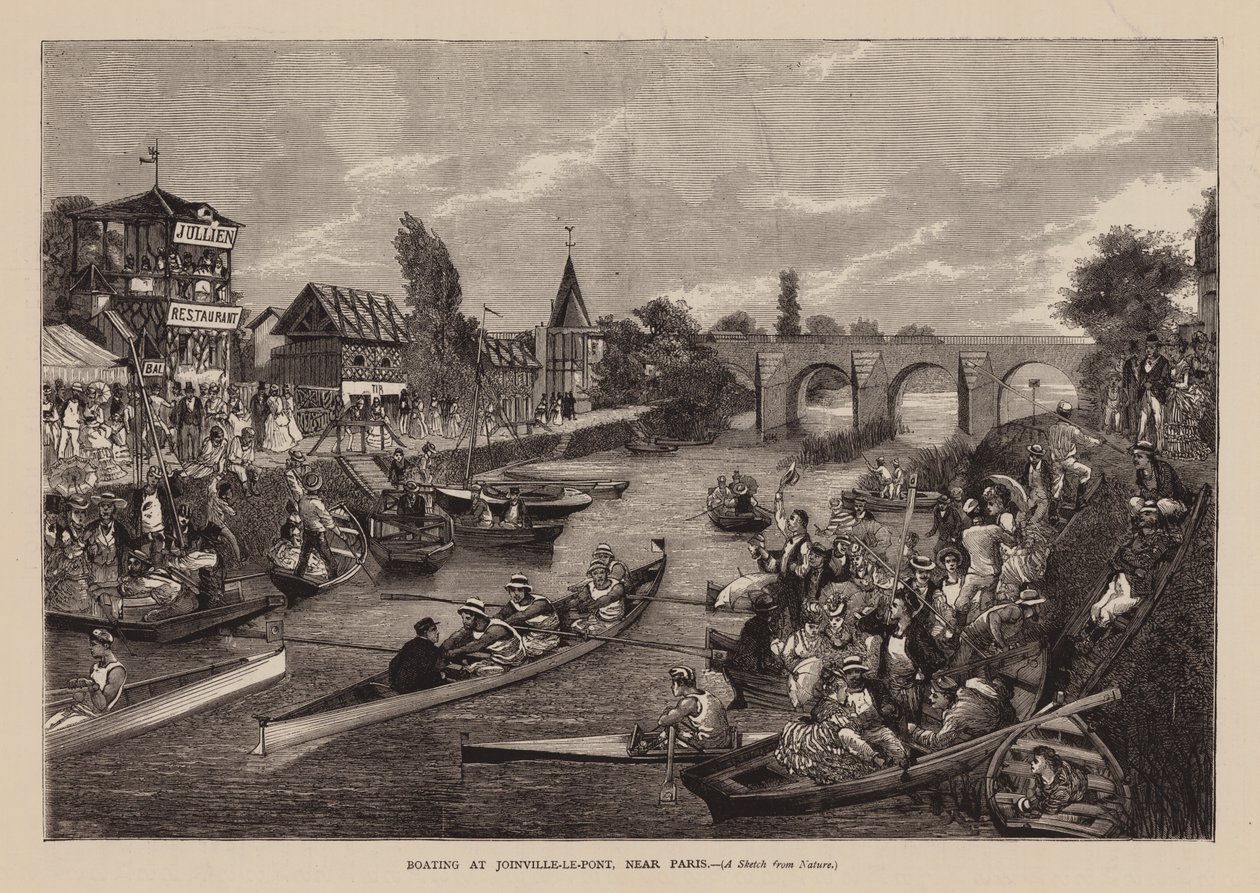 Båtliv ved Joinville-Le-Pont, nær Paris (gravering) av English School