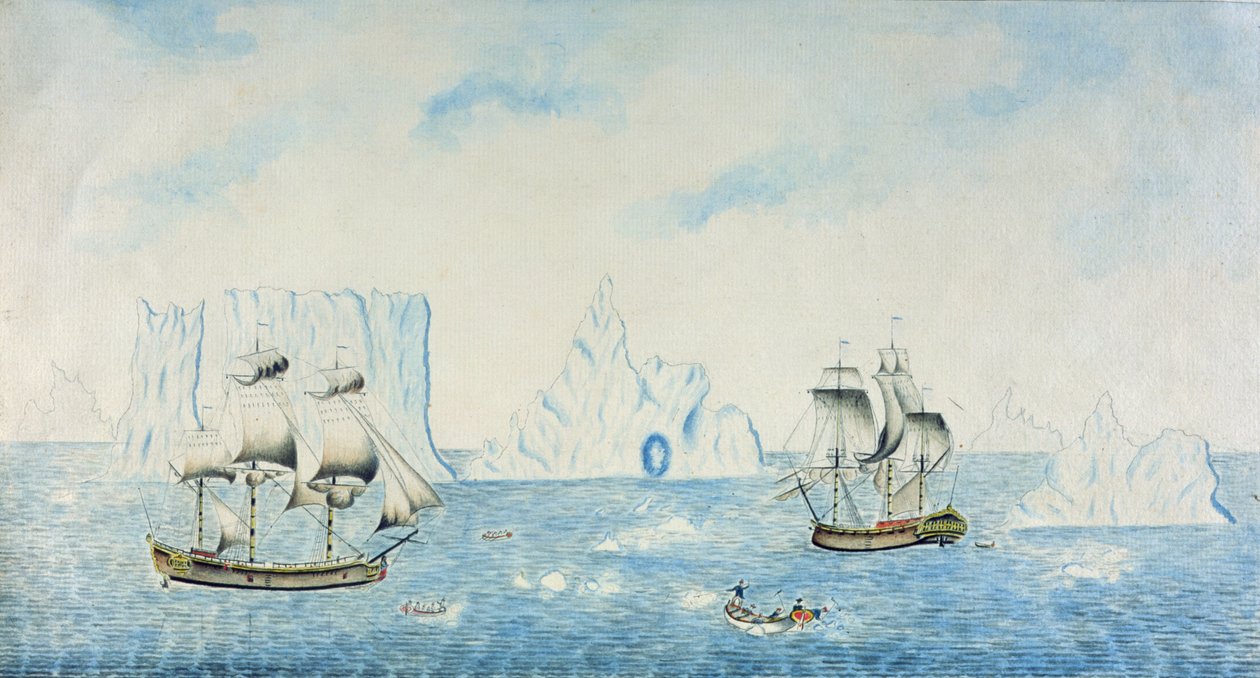 Båter som samler is, ca. 1773 (wc på papir) av English School