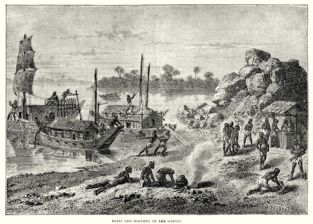 Båter og båtmenn ved Ganges (gravering) av English School