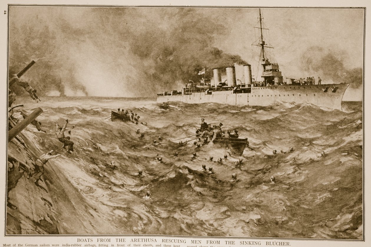 Båter fra Arethusa som reddet menn fra den synkende Blucher, 1914-19 av English School