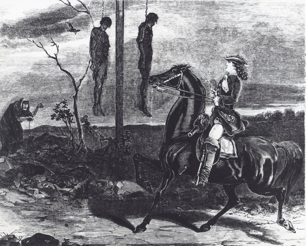 Likene av henrettede landeveismenn hang i gibbets ved en veikant som advarsel til andre kriminelle (litho) av English School