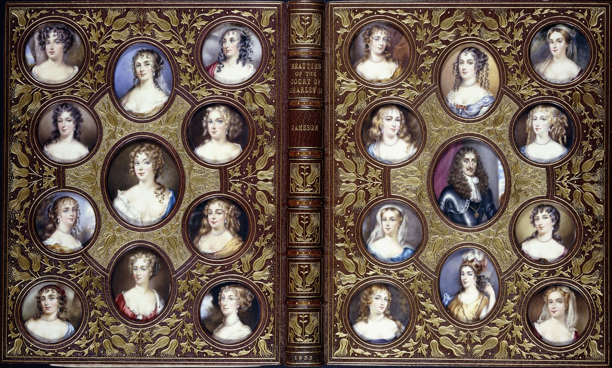 Bokomslag med tjueto portrettminiatyrer av Karl II og de vakre kvinnene ved hoffet hans, 1833 av English School