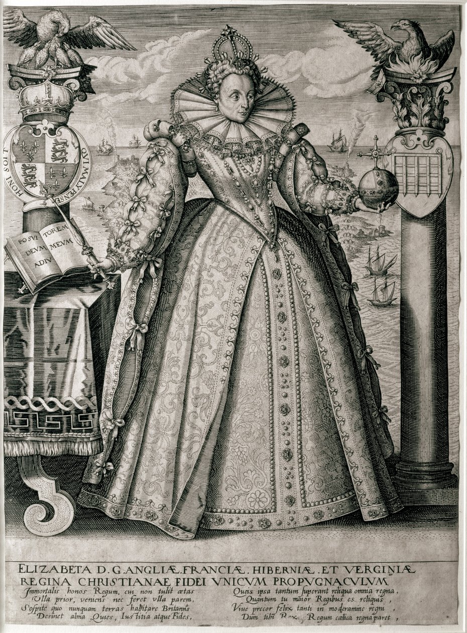 Bokfronten som feirer dronning Elizabeths lykkelige og velstående regjeringstid, 1596 av English School