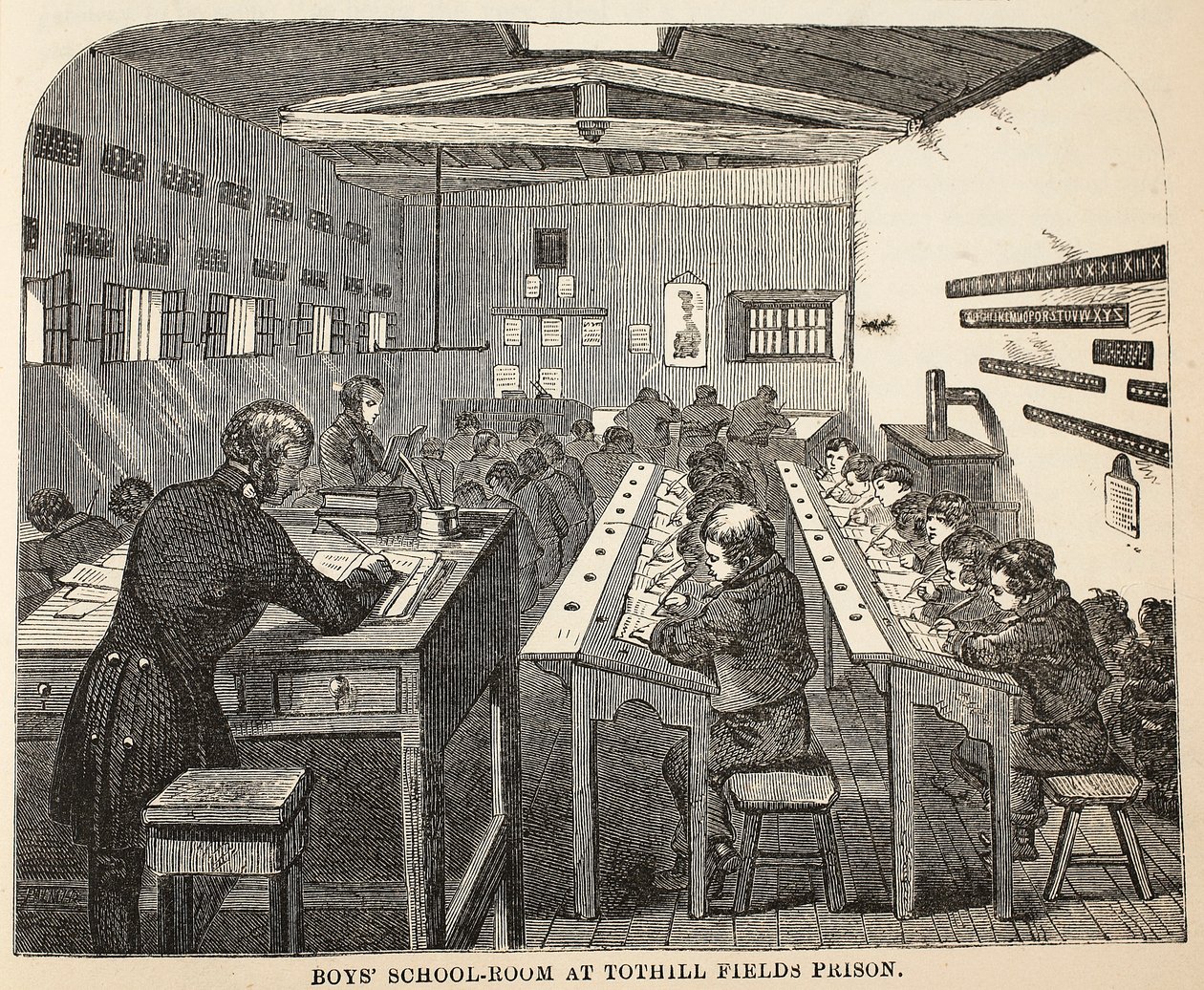 Gutteskolerom i Tothill Fields Prison, illustrasjon fra The Criminal Prisons of London og Scenes from Prison Life av Henry Mayhew og John Binny, pub. 1862 av English School
