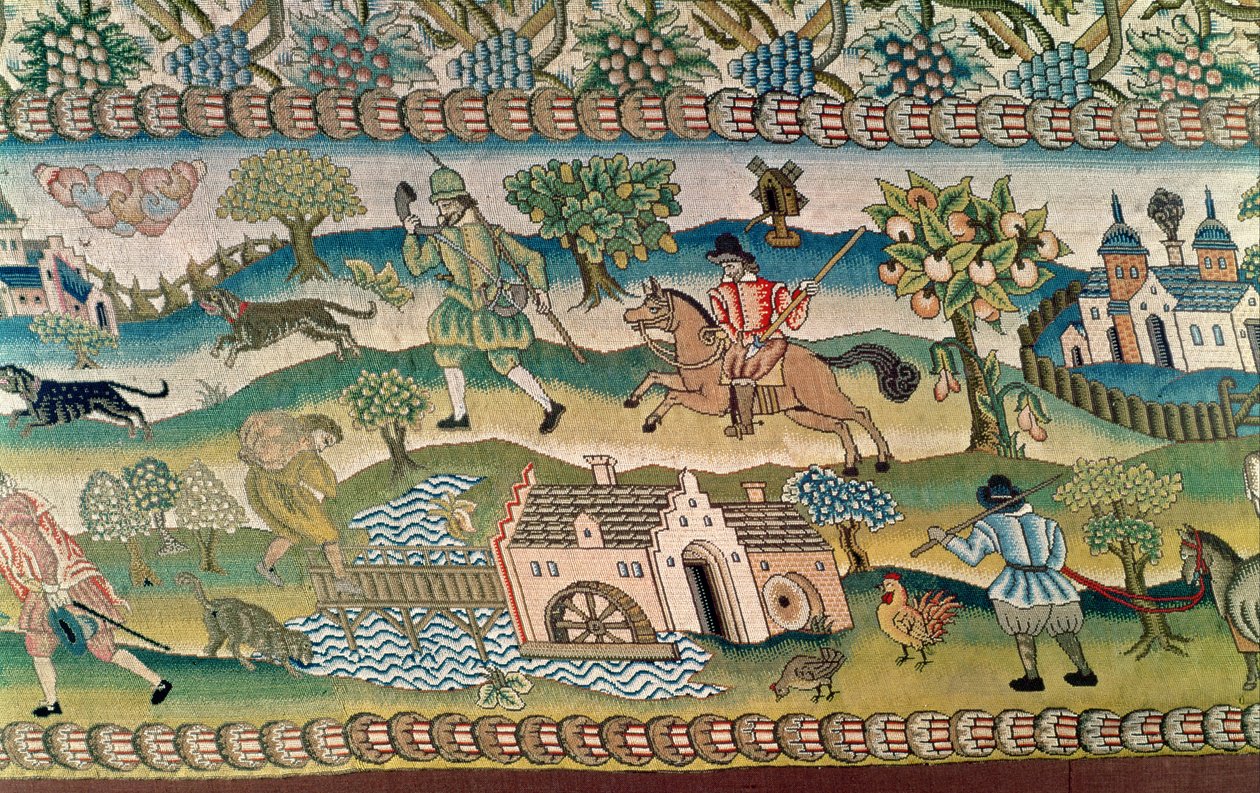 Bradford Table Carpet, detalj av scener fra livet på landsbygda, sent på 1500-tallet av English School