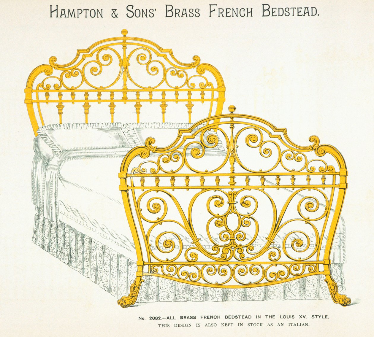 Fransk sengebunn i messing fra Hampton and Sons Catalogue of Furniture, 1902 av English School