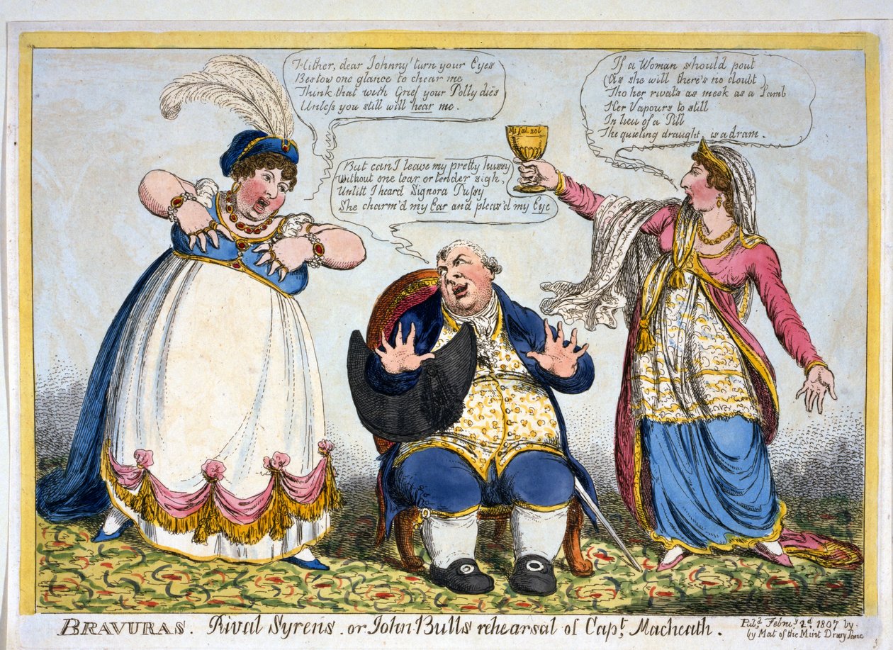 Bravuras, Rival Syrens eller John Bulls repetisjon av Capt. Macheath, pub. 1807 (håndfarget gravering) av English School