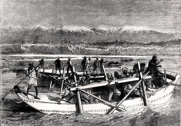 Bygger bro over Kabul-elven ved Jellalabad (gravering) (s/hvitt-bilde) av English School