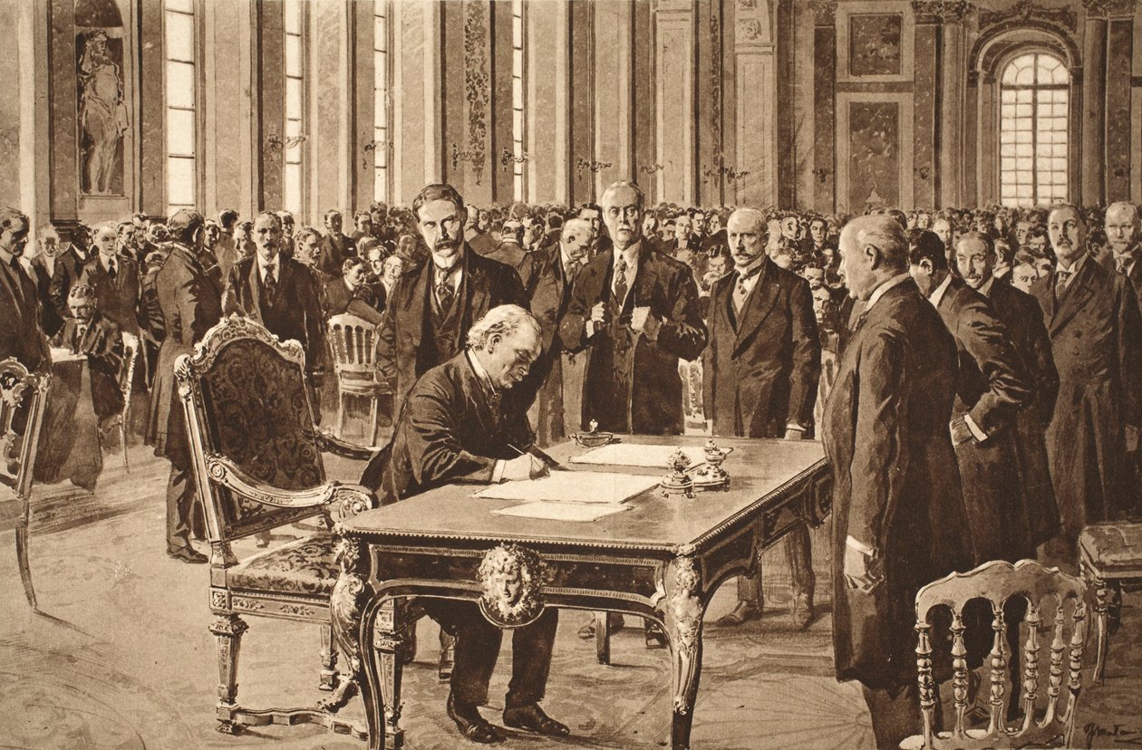 Storbritannias statsminister signerer fredstraktaten med Tyskland i Speilsalen i Versailles, 28. juni 1919 av English School