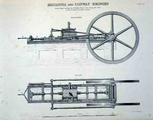 Britannia og Conway Bridges: Steam Engine Working the Hydraulic Presses for Raising the Tubes, av Mrs Easton og Amos fra London (litho) av English School