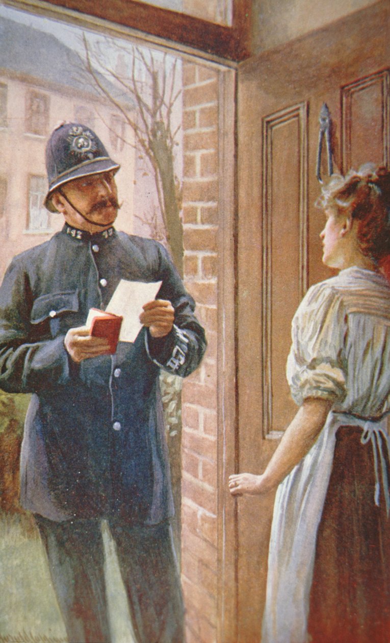 Britisk politimann, ca. 1900 (farge litho) av English School
