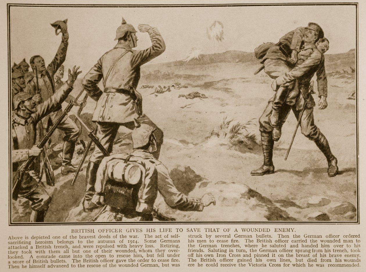 Britisk offiser gir livet sitt for å redde livet til en såret fiende, 1914-19 av English School