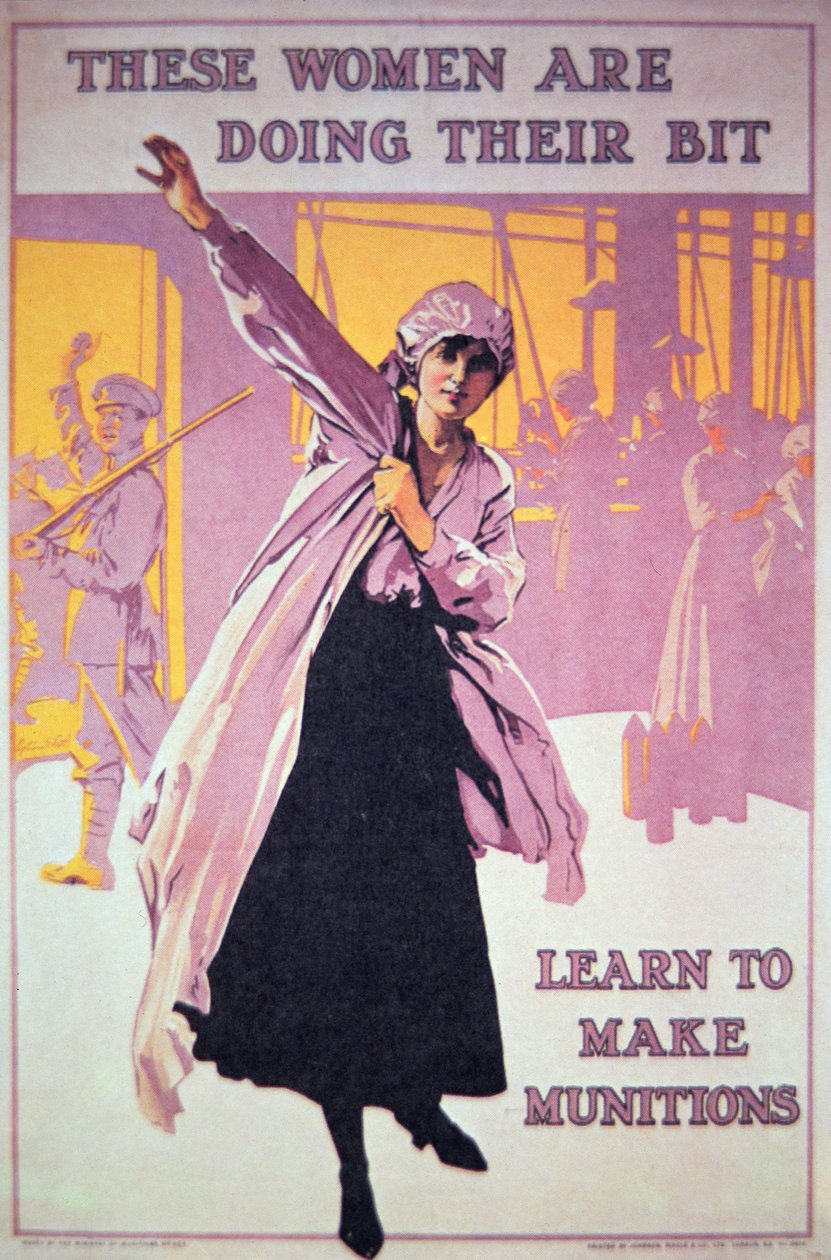 Britisk plakat av WWI for å oppmuntre kvinner til å jobbe i ammunisjonsfabrikker, ca. 1914-18 (farge litho) av English School