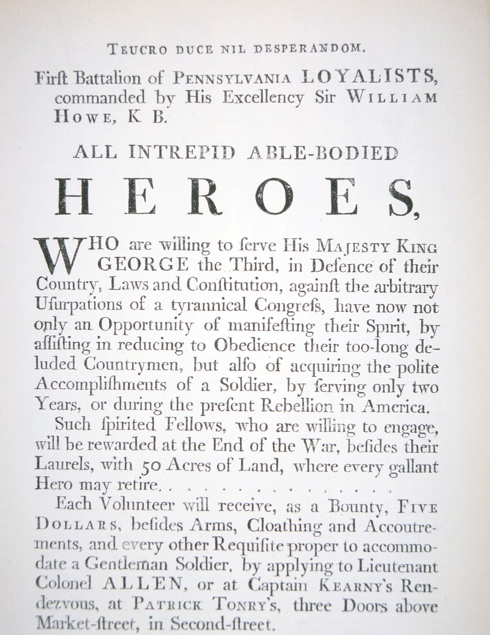 Britisk rekrutteringsplakat for First Battalion of Pennsylvania Loyalists, under den amerikanske revolusjonskrigen (gravering) av English School