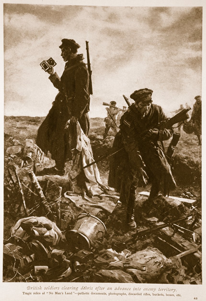 Britiske soldater rydder rusk etter et fremrykk inn i fiendens territorium, 1914-19 av English School