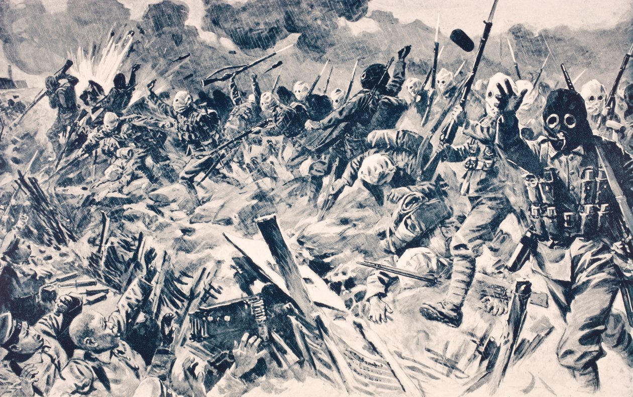 Britiske tropper i gassmasker anklager tyske skyttergraver ved Loos, Frankrike, 25. september 1915, fra 