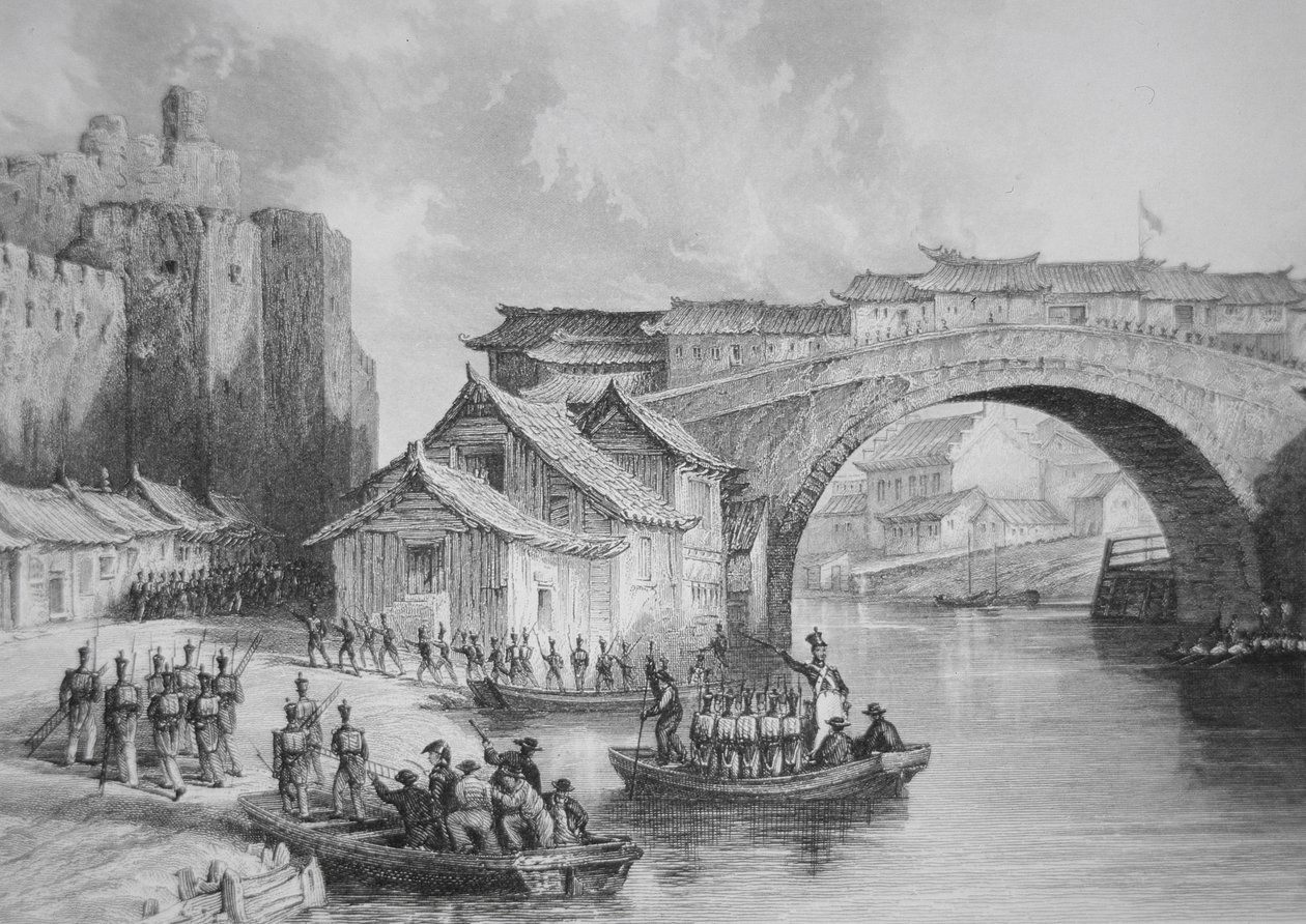 Britiske tropper lander ved vestporten til Ching Keang under opiumskrigene, illustrasjon etter en øyenvitneskisse av kaptein Stoddard (litho) (s/hvit versjon av 225386) av English School