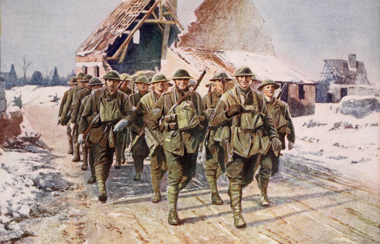Britiske tropper på marsj under vinterforhold, 1914-19 av English School