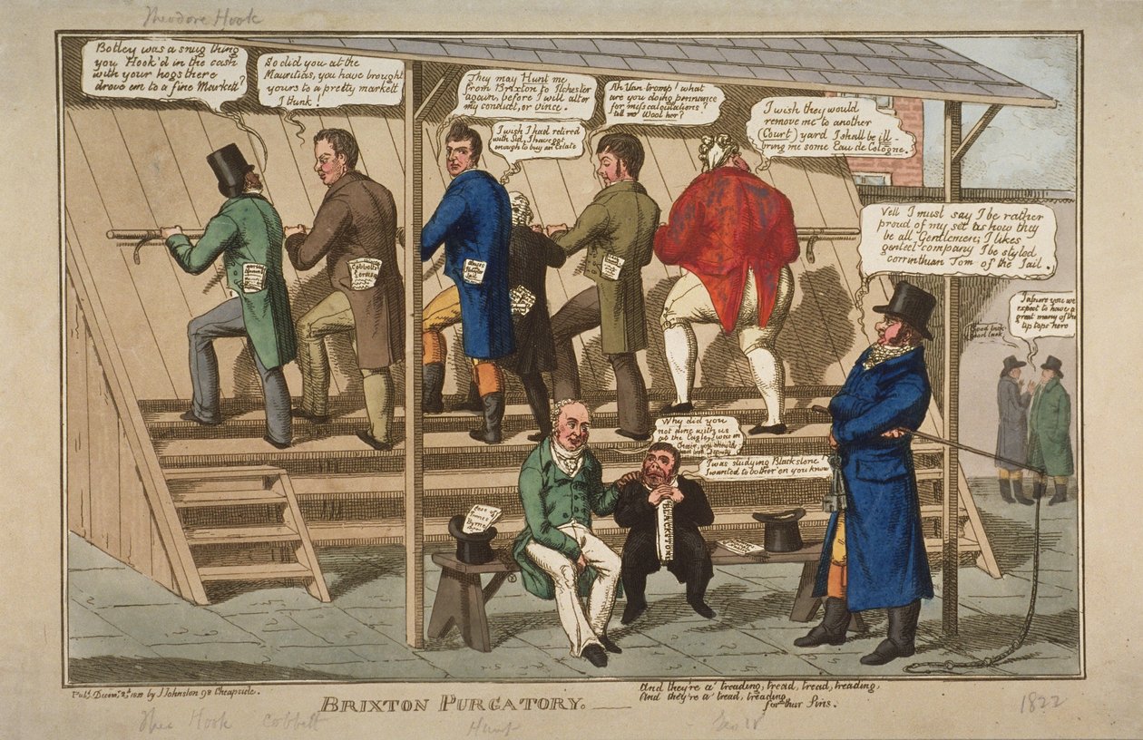 Brixton Purgatory, 1822 (håndfarget etsning) av English School