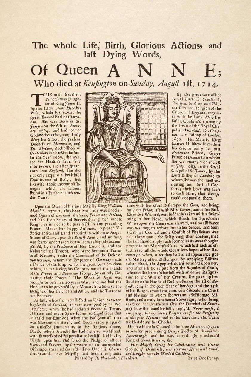 Broadside publisert ved dronning Annes død, søndag 1. august 1714 (trykk og tresnitt) av English School