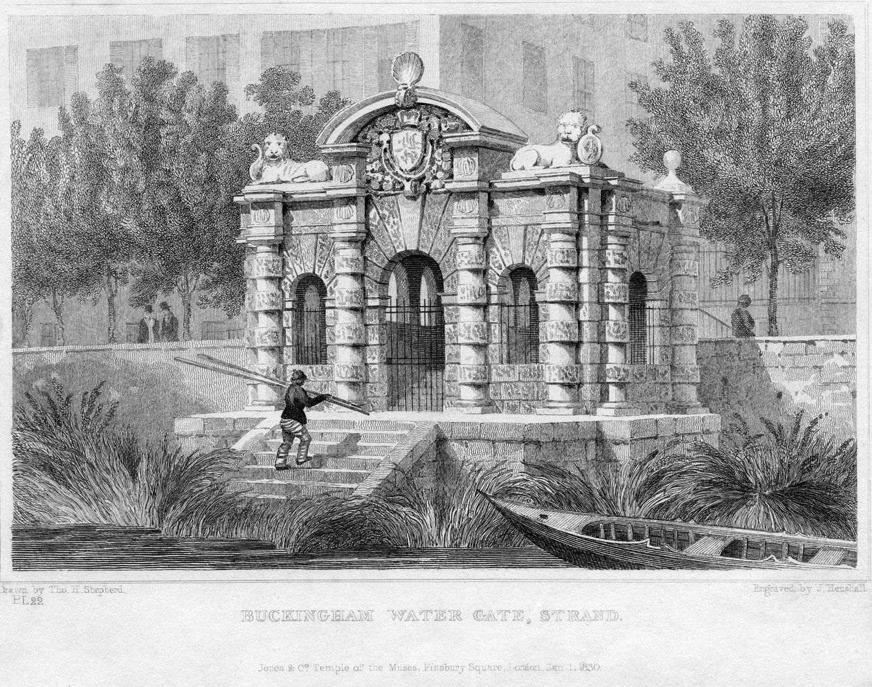 Buckingham Water Gate, Strand, 1830 av English School