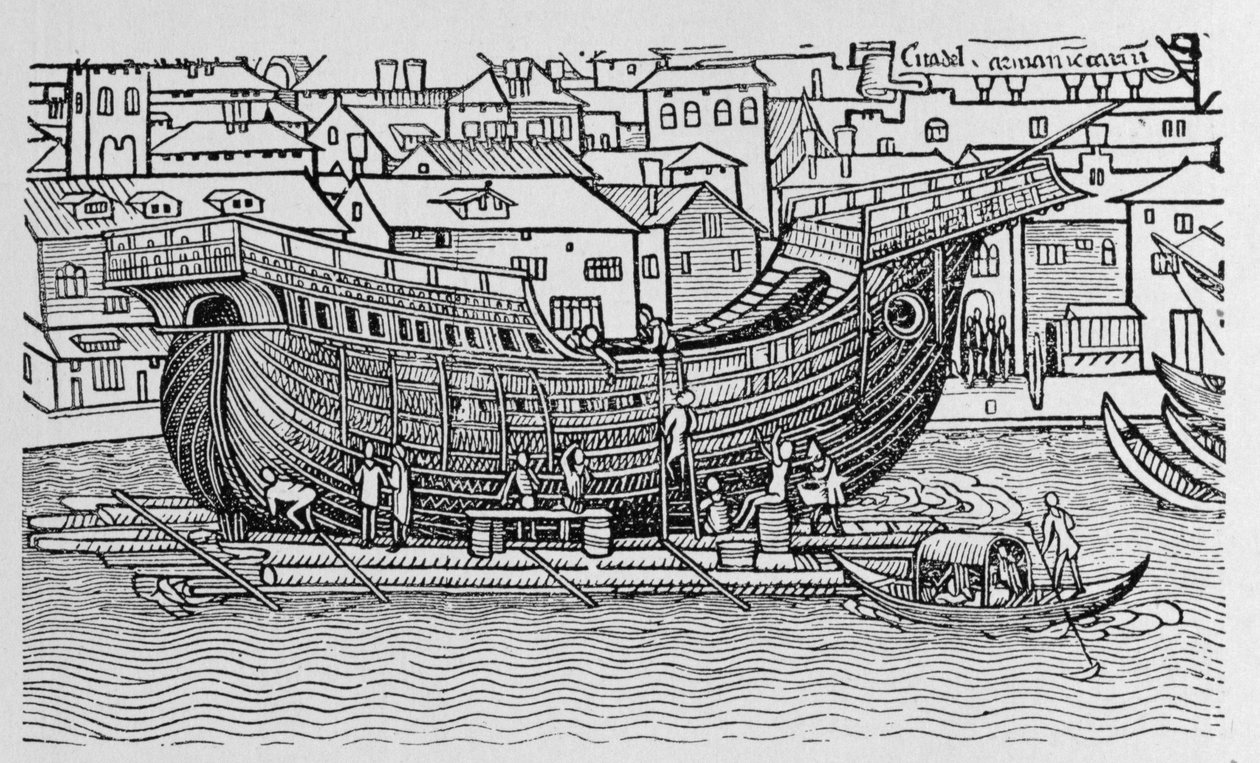 Building a Ship, fra 'The Narrative and Critical History of America', redigert av Justin Winsor, London 1886 av English School