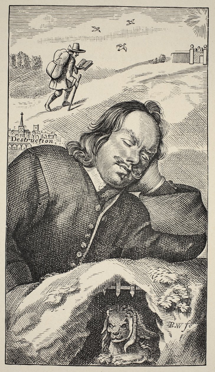 Bunyans Dream, frontispice av The Pilgrims Progress av John Bunyan (1628-88), 4. utgave, pub. 1680 (sepia-bilde) av English School