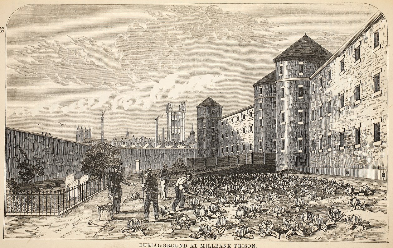 Gravplass ved Millbank Prison, illustrasjon fra The Criminal Prisons of London og Scenes from Prison Life av Henry Mayhew og John Binny, pub. 1862 av English School